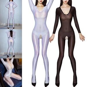 Women's Bodysuit Shiny Glossy Sheer Long Sleeve Open Crotch Jumpsuit Lingerie - Picture 1 of 56