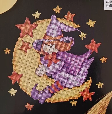 Cross Stitch Pattern Halloween WITCH FOLK ART Moon Stars Pink Purple Orange Fun - Image 1 of 4