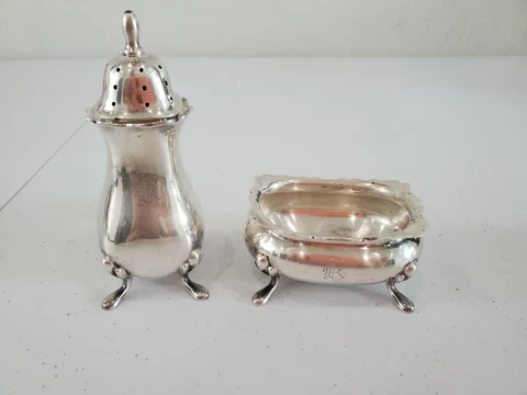 Antique H Sterling Silver Pepper Shaker and Salt Dish Cover