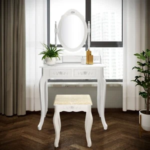 White Vintage Cottage Style 360 Degree Rotating Mirror Vanity Table with Stool - Picture 1 of 17