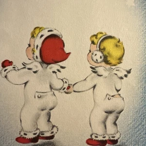 Vintage Weihnachtskarte Engel Norkreuz im Hermelinfell Schneeanzug Nikolausmütze Ohrenschützer - Bild 1 von 5