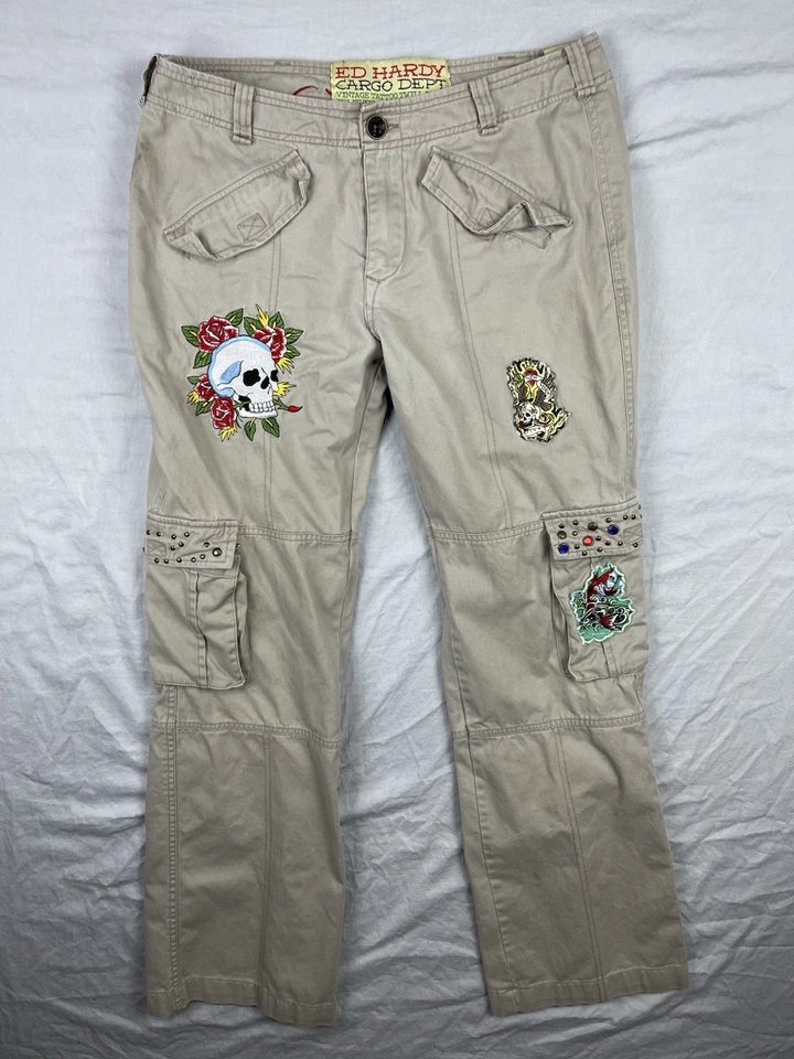 Vintage Ed Hardy Cargo Pants Women 29 Paratrooper Y2K Patches Studded Rhinestone - Image 1 of 4