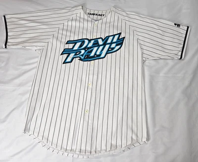 Vintage MLB Starter Tampa Bay Devil Rays Sewn Baseball Jersey 90s Pin Striped L - Image 1 of 4