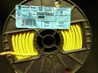 #10 AWG THHN MTW THWN Stranded Copper Wire 500 ft Roll Encore Superslick Yellow - Image 1 of 3