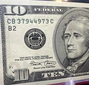 😁 $10 2001 Radar Serial Number Federal Reserve  CB/C ( NEW YORK”B” )  UNC - Picture 1 of 11