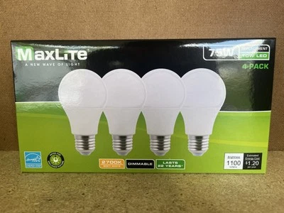 4 Pack Maxlite 10W LED Bulb = 75 watt replace A19 Soft White 2700K LED Light 75w - Image 1 of 4
