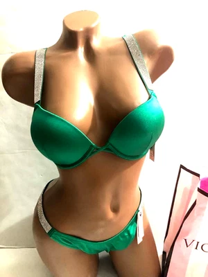 Victoria's Secret Push-up-Bikini Glanzriemen Bombe Schwimmen 2-teiliges Set grün neu mit Etikett - Bild 1 von 4
