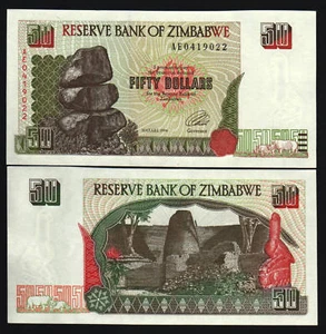 ZIMBABWE 50 DOLLARS P-8 1994 *AE REPLACEMENT RHINO CEROS UNC CURRENCY MONEY NOTE - Picture 1 of 6