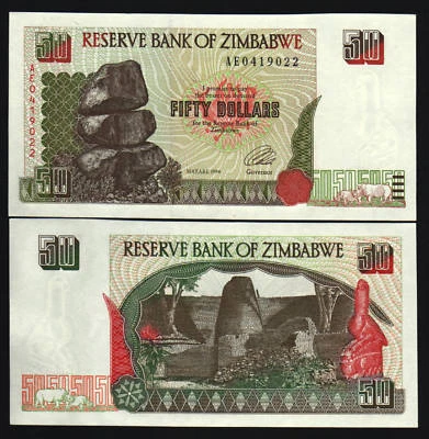 ZIMBABWE 50 DOLLARS P-8 1994 *AE REPLACEMENT RHINO CEROS UNC CURRENCY MONEY NOTE - Image 1 of 4