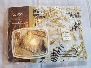 VTG JC Penney Dark Goldenrod Twin Fitted Bed Sheet Fern Butterfly Floral Nature - Picture 1 of 5