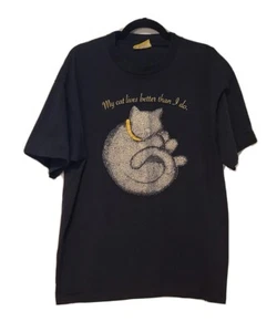 Black Cat T-shirt gold and silver single stitchš„ Vintageš„Cat Lover Cat Lady - Picture 1 of 8