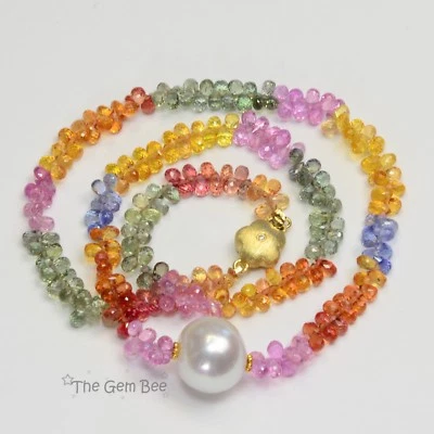 Collar Gargantilla Oro 14K Diamante Zafiro Natural Briolette Perla Mar del Sur 15" Foto 1 de 4