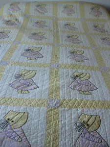 Antique Sunbonnet Sue Quilt hand stitched 81"x81 "Yellow & Lavender - Picture 1 of 8