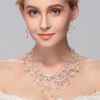 Perline Sposa Accessori Matrimonio Collana Orecchino Set Argento Fiore Collana - Immagine 1 di 4