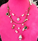 Vintage Betsey Johnson Girlie Grunge Skull Pink Rose Glass Bead Layered Necklace