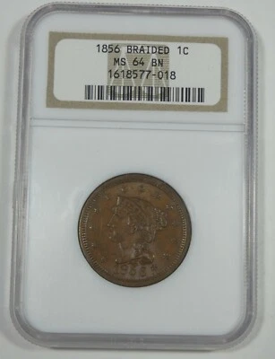 1856 Braided Hair Large Cent CERTIFIED NGC MS 64 BROWN 1c - Image 1 of 4