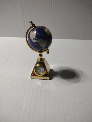Vintage Inlaid Stone Rotating Globe With Clock 7” Tall Brass Cover