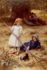 Oil painting Georges+Sheridan+Knowles-Summer's+Fun children little girls & cat