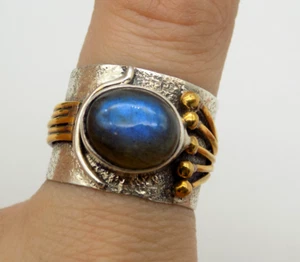 Sterling Silver Wide Band Ring Modernist Brass Artisan Labradorite Sz 7.5 - Picture 1 of 4