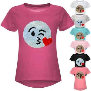 T-Shirt Top Shirt Sequin Stretch Smile Kiss Motif Children Girl Fashion - Picture 1 of 33