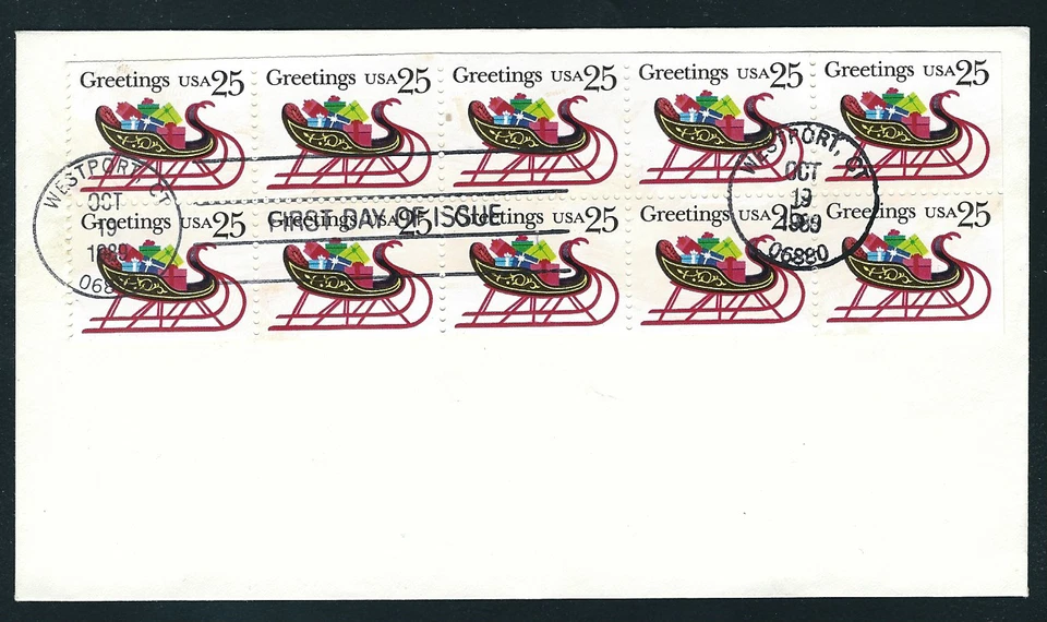Greetings...25 Cent Pane of 10...First Day Issue...Cancel  Westport Conn. (1989) - Image 1 of 1