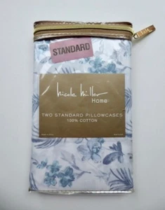 Nicole Miller 2 Standard Pillowcases Wild Orchids Blue Tropical Floral Cotton - Picture 1 of 2