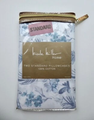 Nicole Miller 2 Standard Pillowcases Wild Orchids Blue Tropical Floral Cotton - Image 1 of 2
