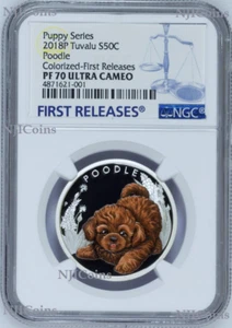 2018 Puppies Poodle Tuvalu PROOF Silver NGC PF 70 1/2oz Coin Lunar Year DOG FR - Picture 1 of 6