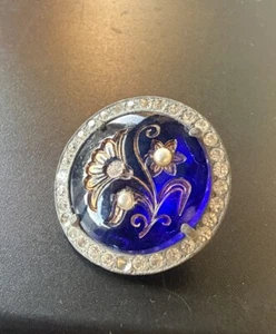 Rare Antique Cobalt Blue Etched Glass Pearls Rhinestones Pewter Setting Button - Picture 1 of 13