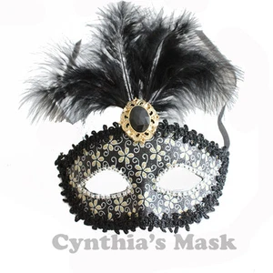 Black Venetian Masquerade Mask w/Feathers Party Prom Mardi Gras Halloween - Picture 1 of 1