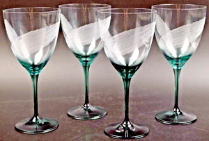 CZECH REPUBLIC CRYSTAL Aqua Wine Glass Etched Lines Set/4 Drinkware New - Picture 1 of 7