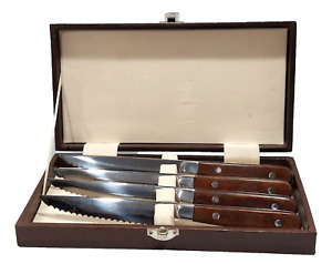 Reed & Barton FULTON Wood & Stainless 4pc Serrated Steak Knife Box Set w/Case