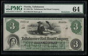 SC 1859-70 $3 obsoleto Tallahassee Rail Road Company PMG 64 - Imagen 1 de 3