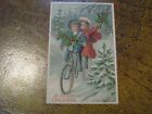 Antique Christmas Postcard B.W. 296 Children Riding Bicycle in Snow