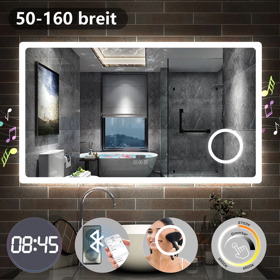 Badspiegel LED Badezimmerspiegel Touch Beschlagfrei Uhr Makeup Lichtspiegel ab50 - Bild 1 von 4
