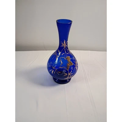 Jarrón de vidrio azul cobalto con diseño floral dorado florero vintage decoración del hogar Foto 1 de 4