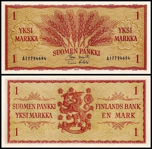 FINLAND 1 MARKKA 1963 UNC SIGNATURE:MAUNO KOVISTO AND TIMO HELELA,SHEAVES OF WHE - Picture 1 of 1