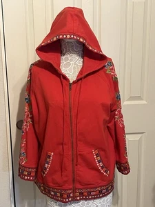 Johnny Was Embroidered Floral Hoodie Full Zip Colorful Accents Womens XL Red - Picture 1 of 6