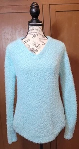 Maglione pullover donna taglia S cato manica lunga scollo a V blu acqua maglia fuzzy - Foto 1 di 5