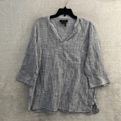 Blusa Top Mujer FDJ Azul Geométrica 12 Mezcla Algodón Manga Larga Cuello en V Pullover Foto 1 de 4