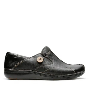 Clarks Womens Un Loop Black Leather Slip Ons - Picture 1 of 8