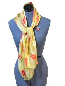 Vintage Scarf 13"x59" Yellow Stripes Red Roses Yellow Rose Texas Unbranded Light - Picture 1 of 6