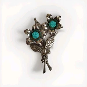 Vintage 50's Silver Tone Nosegay with Turquoise Molded Center Brooch~Book Item - Picture 1 of 16