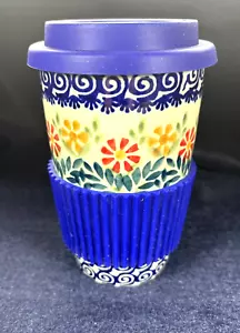 Blau mit Blumen polnische Keramik 12 Unzen Reise Kaffeebecher mit Silikondeckel & Hülle - Bild 1 von 5