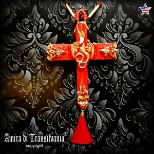 red dragon rouge cross crucifix wood witch pendant magical talisman pagan gothic - Picture 1 of 24