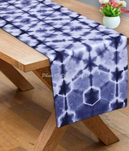 Bohemian Cotton Table Runner Shibori Blue Geometric Long Boho Tie Dye Tablecloth - Picture 1 of 8