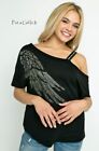 New VOCAL Womens CRYSTAL BLING BLACK ANGEL WING ONE SLEEVE TUNIC SHIRT S M L XL
