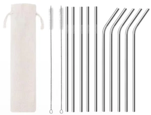 Stainless Steel Eco Reusable Metal Drinking Straws 10 & 2 Cleaning Brushes - Picture 1 of 1