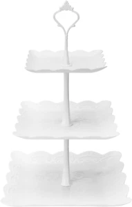 3 Tier Cupcake Stand, Plastic Tiered Serving Stand, Square Dessert Tray for Tea - Picture 1 of 12