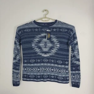 Polo Ralph Lauren Womens Blue Multi Aztec Cotton Linen Pullover Sweater Size M - Picture 1 of 5